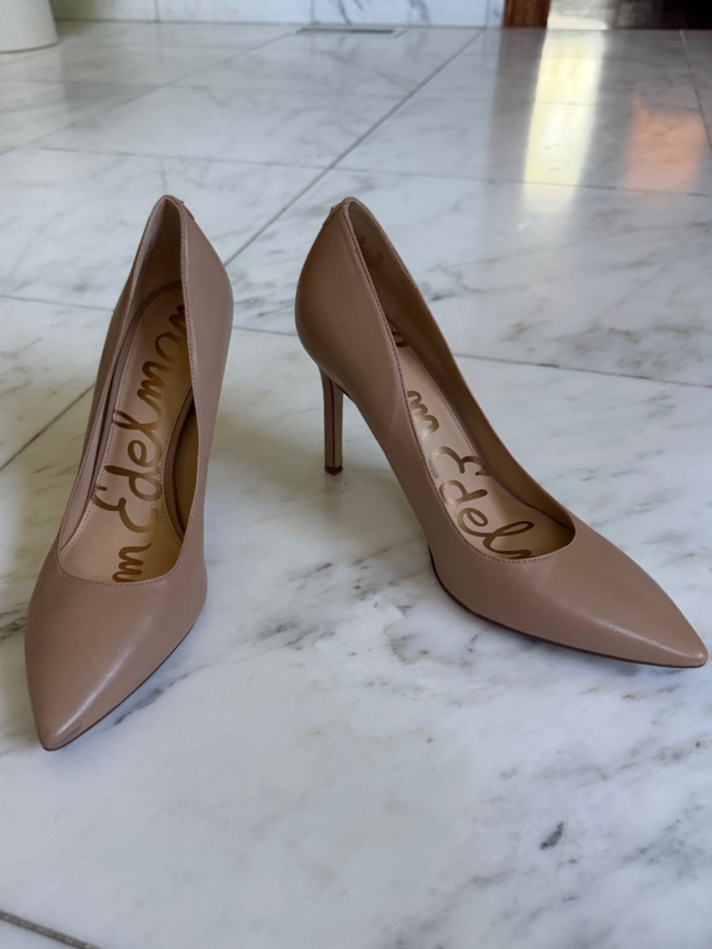 Sam Edelman Taupe Pointed-Toe Leather Pumps